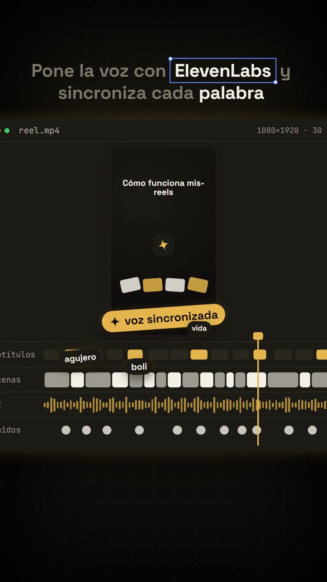Editor de vídeo de un reel de Aideas, con la voz y los fotogramas