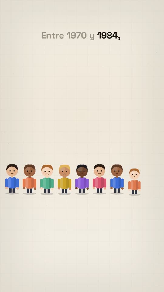 Nueve niños ilustrados en fila, con gesto serio